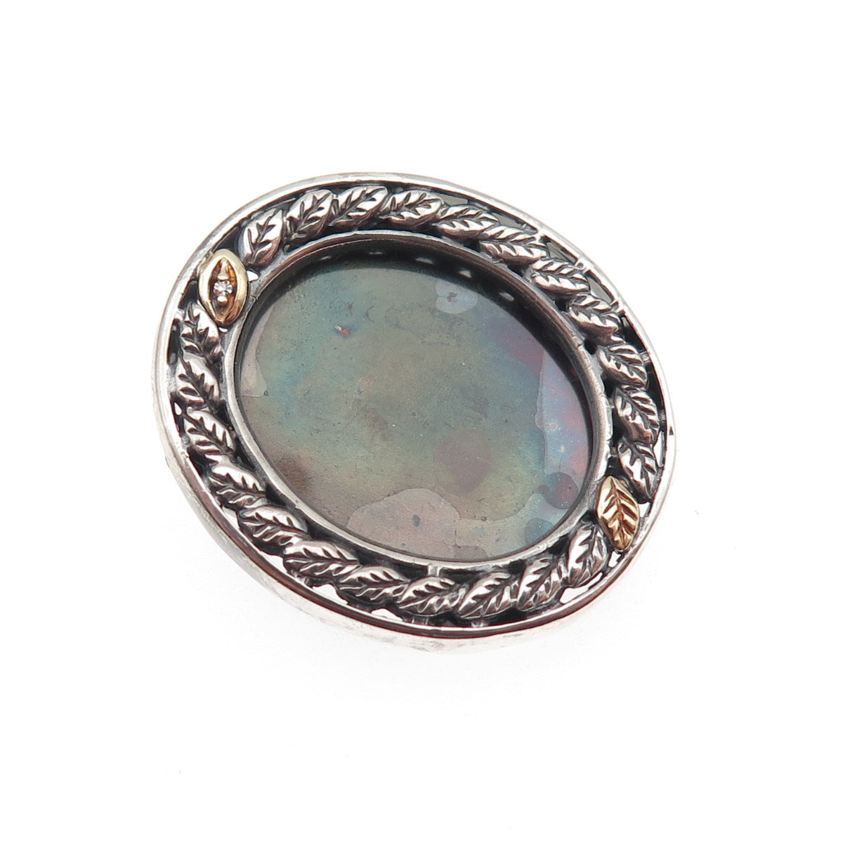 925 Sterling Silver 10K Gold Vintage Real Diamond Picture Frame Brooch / Pendant