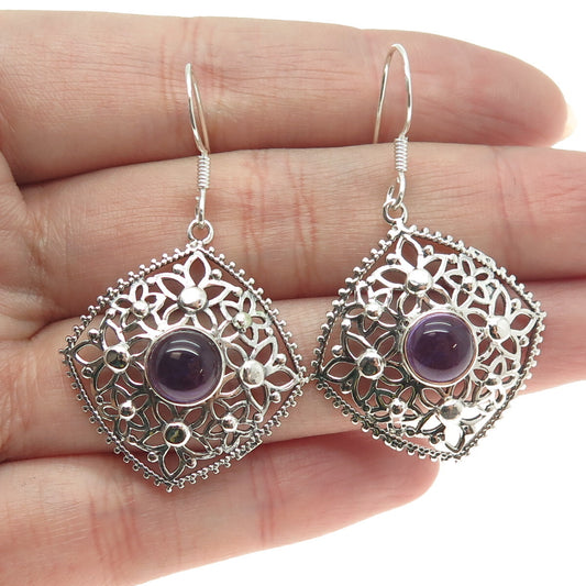 925 Sterling Silver Vintage Real Amethyst Flower Oxidized Dangle Earrings