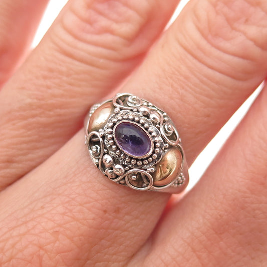 925 Sterling Silver 2-Tone Vintage Real Amethyst Oxidized Ring Size 6.75
