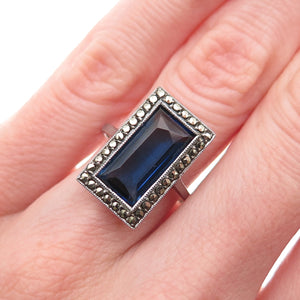 935 Silver Antique Art Deco Blue Rhinestone Real Marcasite Ring Size 5.75