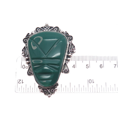 925 Sterling Silver Vintage Mexico Real Green Onyx Aztec God Pin Brooch Pendant