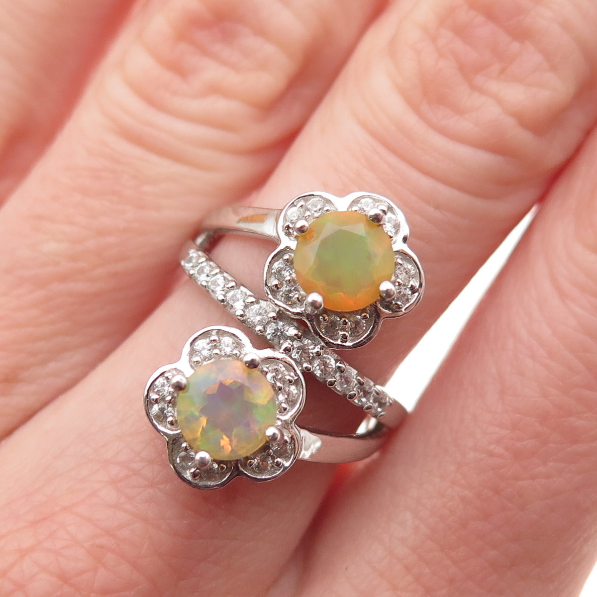 925 Sterling Silver VJL Real Opal & White Topaz Floral Bypass Ring Size 6