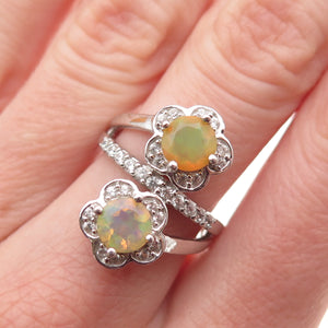 925 Sterling Silver VJL Real Opal & White Topaz Floral Bypass Ring Size 6