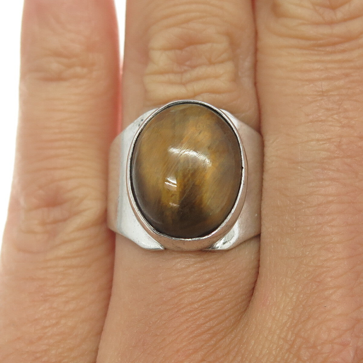 KEN BER 925 Sterling Silver Vintage Real Tiger Eye Modernist Ring Size 7.25
