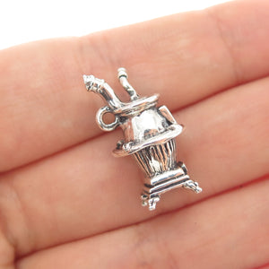 925 Sterling Silver Vintage Potbelly Stove Oxidized 3D Charm Pendant