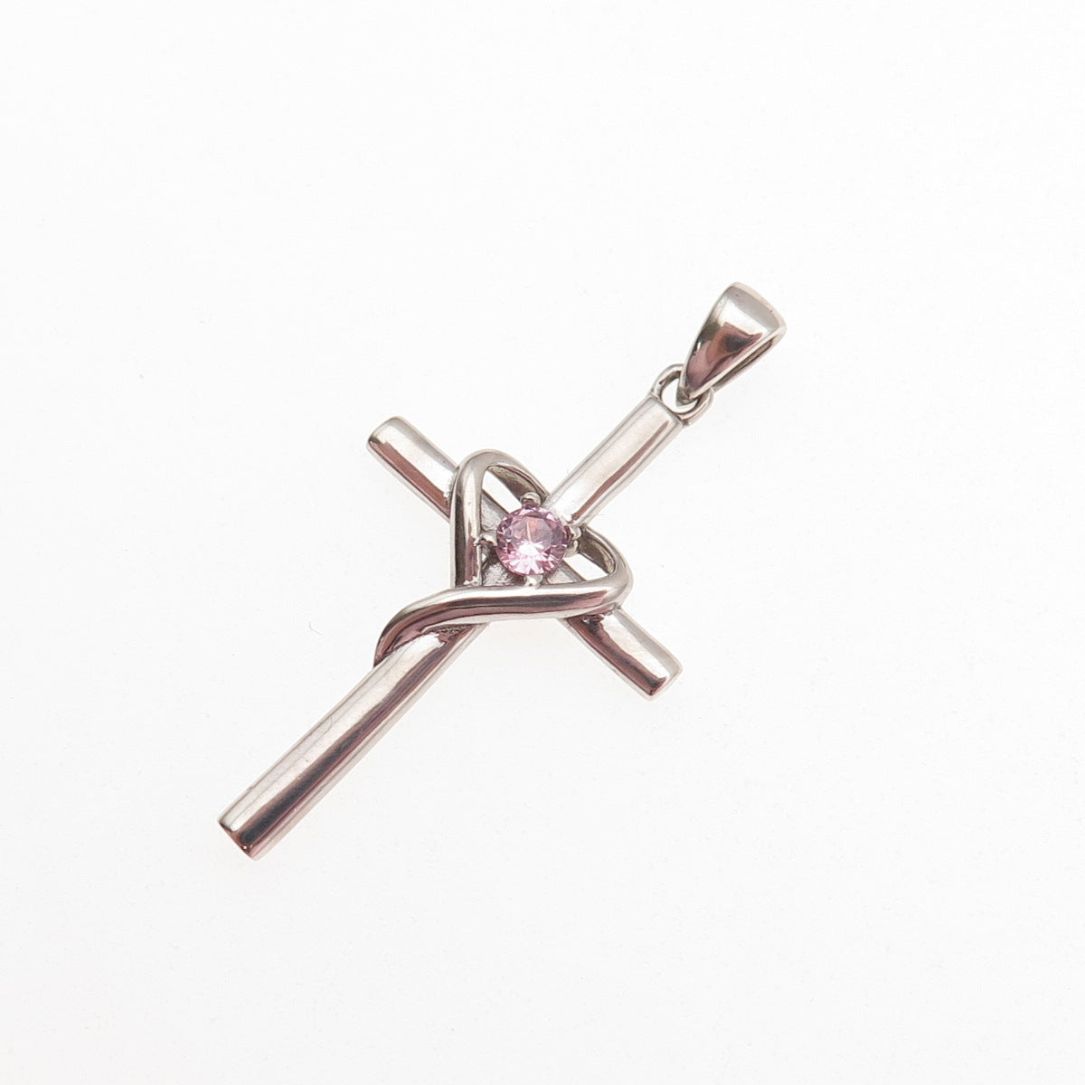 925 Sterling Silver Round-Cut Lavender C Z Heart Cross Charm Pendant