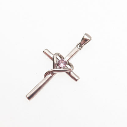 925 Sterling Silver Round-Cut Lavender C Z Heart Cross Charm Pendant