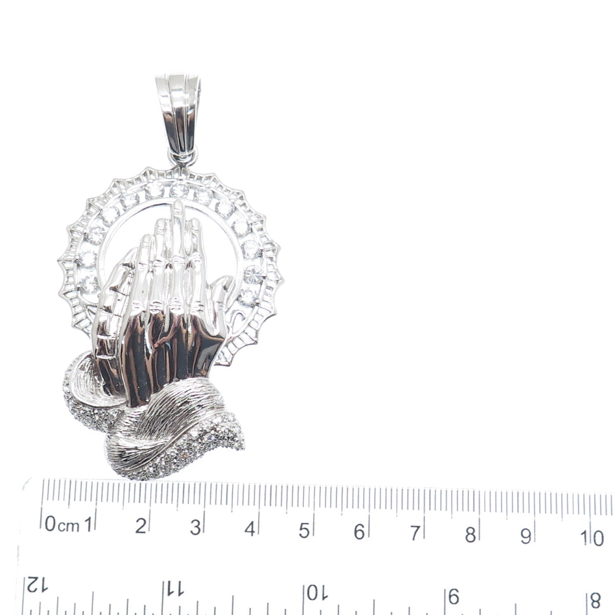 925 Sterling Silver Round-Cut C Z Praying Hands Pendant