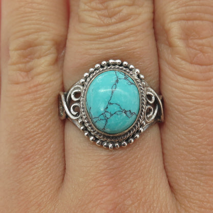 925 Sterling Silver Vintage Real Turquoise Swirl Ring Size 5.75