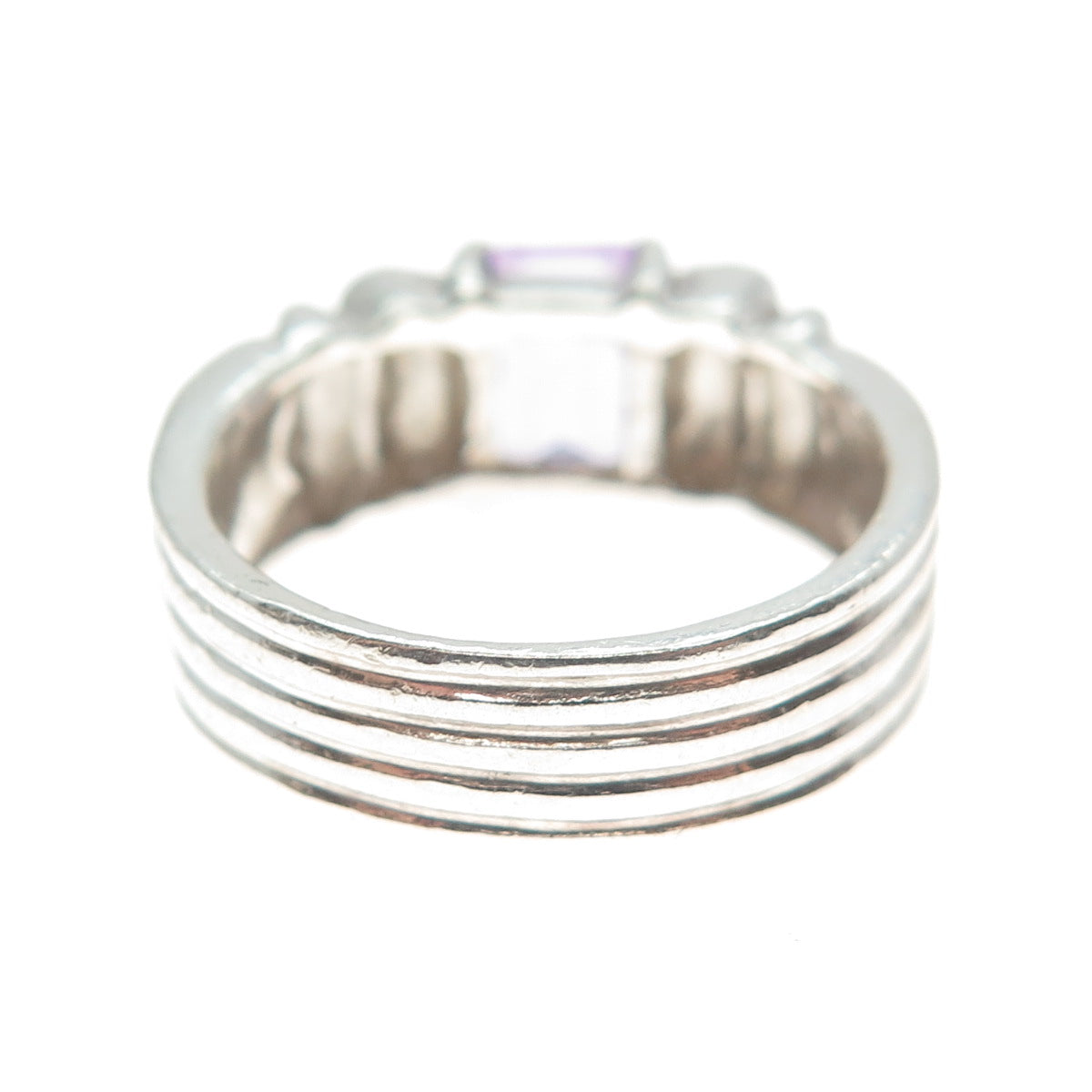 925 Sterling Silver Vintage Real Emerald-Cut Amethyst Gem Column Ring Size 7.75
