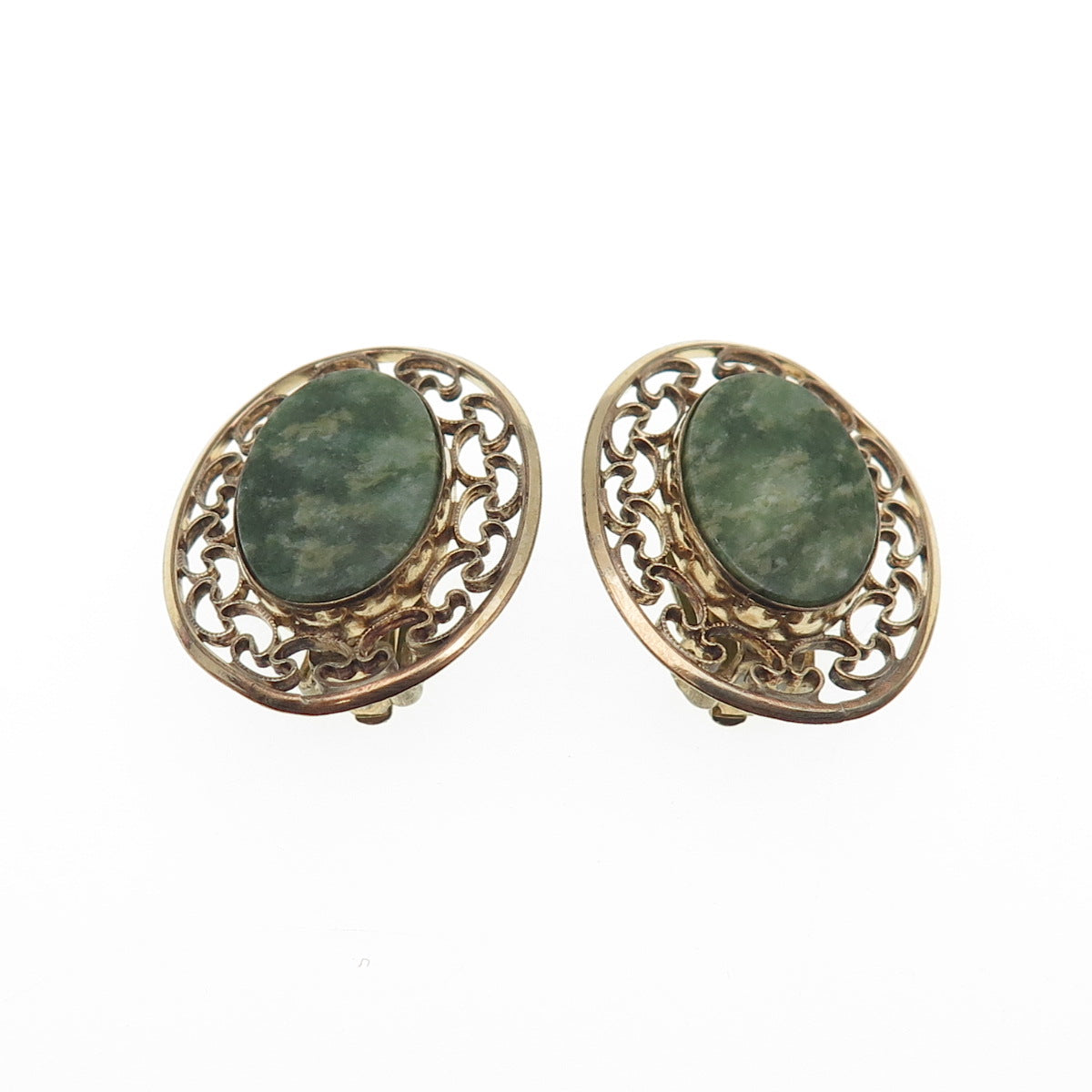 WINARD 1/20 12K Gold Filled Vintage Real Jade Filigree Clip On Earrings