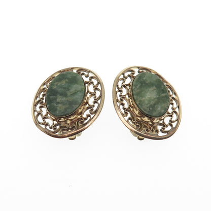 WINARD 1/20 12K Gold Filled Vintage Real Jade Filigree Clip On Earrings