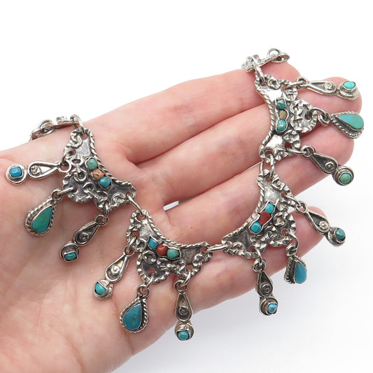 925 Sterling Vintage Mexico Real Turquoise Coral Necklace 14" (missing 3 stones)