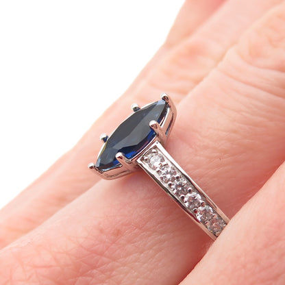 DSMK 925 Sterling Silver Marquise-Cut Blue & Round-Cut White C Z Ring Size 7.25