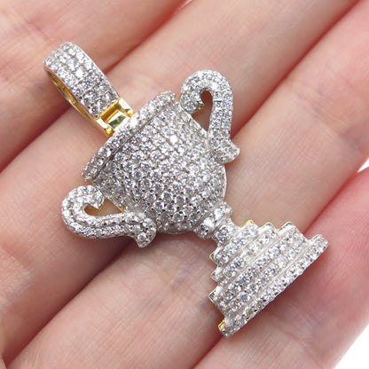 925 Sterling Silver Gold Plated Round-Cut C Z World / Champion Trophy Pendant