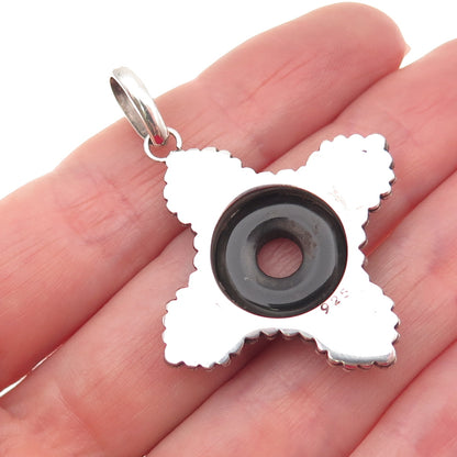 925 Sterling Silver Vintage Real Black Onyx & Citrine Modernist Cross Pendant