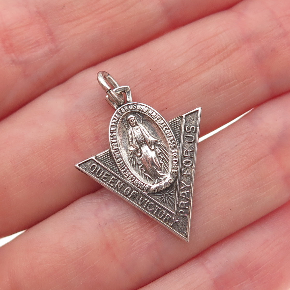 925 Sterling Silver Antique WWII St Mary Queen of Victory Oxidized Charm Pendant