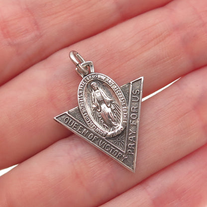 925 Sterling Silver Antique WWII St Mary Queen of Victory Oxidized Charm Pendant