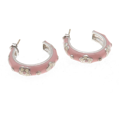 Silvio Hidalgo 925 Sterling Silver Vintage Enamel Floral Hoop Earrings