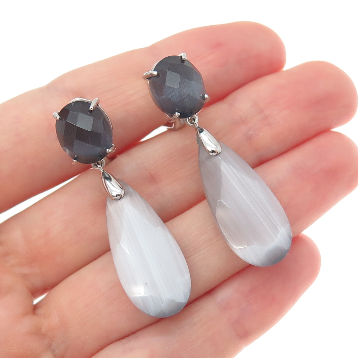 925 Sterling Silver Multi-Color Optic Fiber Cat's Eye Dangle Earrings