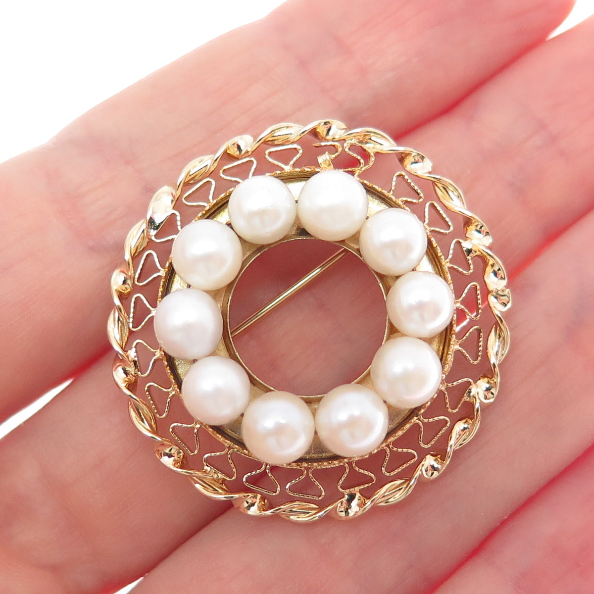 CATAMORE 1/20 12K Gold Filled Antique Art Deco Real Pearl Filigree Pin Brooch
