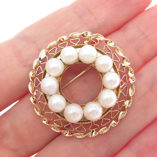 CATAMORE 1/20 12K Gold Filled Antique Art Deco Real Pearl Filigree Pin Brooch