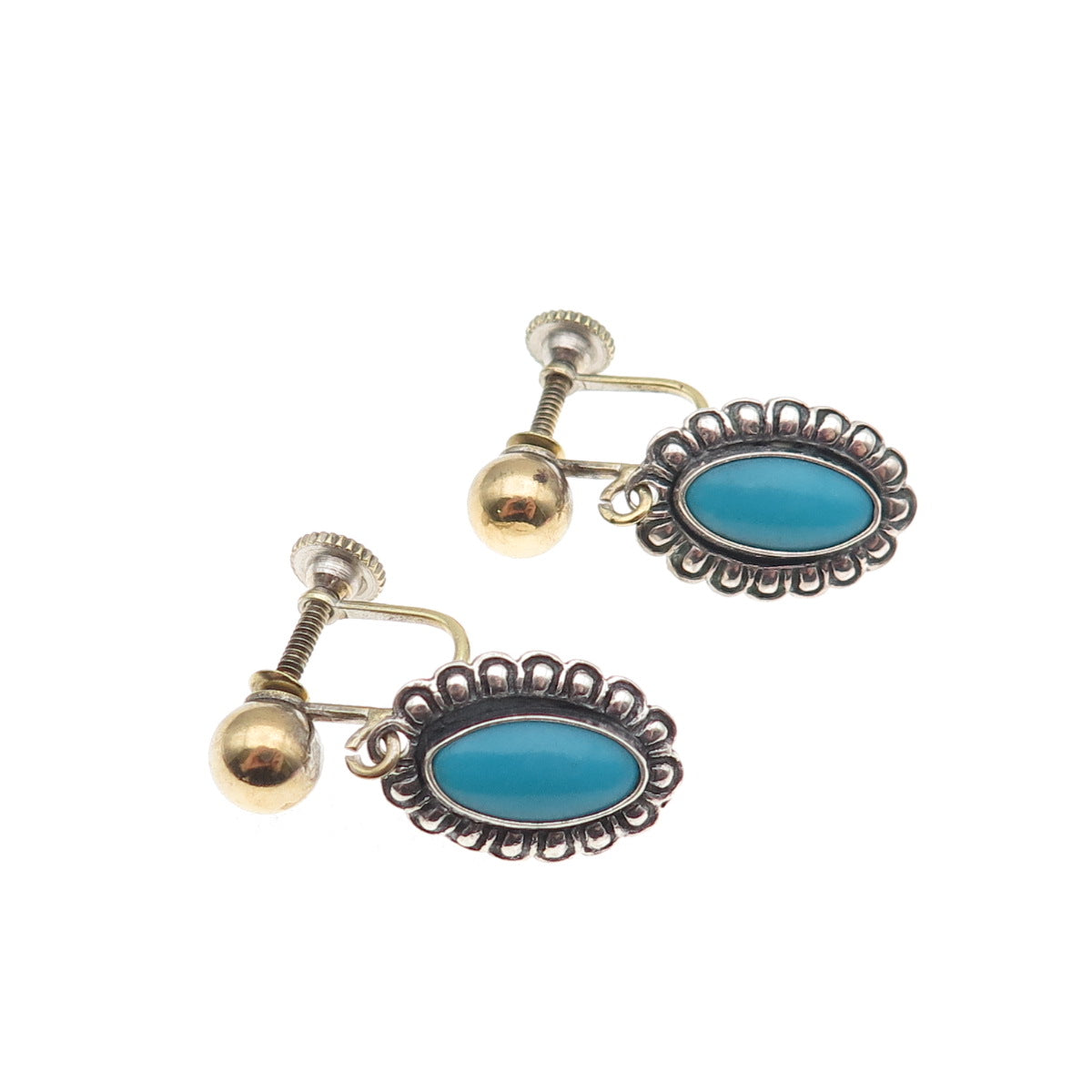 Old Pawn 925 Sterling 2-Tone Vintage Bisbee Turquoise Screw Back Dangle Earrings