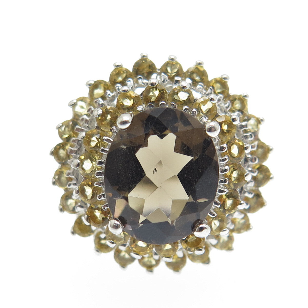 925 Sterling Silver Real Oval-Cut Smoky Quartz & Citrine Ring Size 7.5