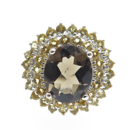925 Sterling Silver Real Oval-Cut Smoky Quartz & Citrine Ring Size 7.5