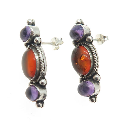 925 Sterling Silver Vintage Real Cabochon Amber & Amethyst Earrings