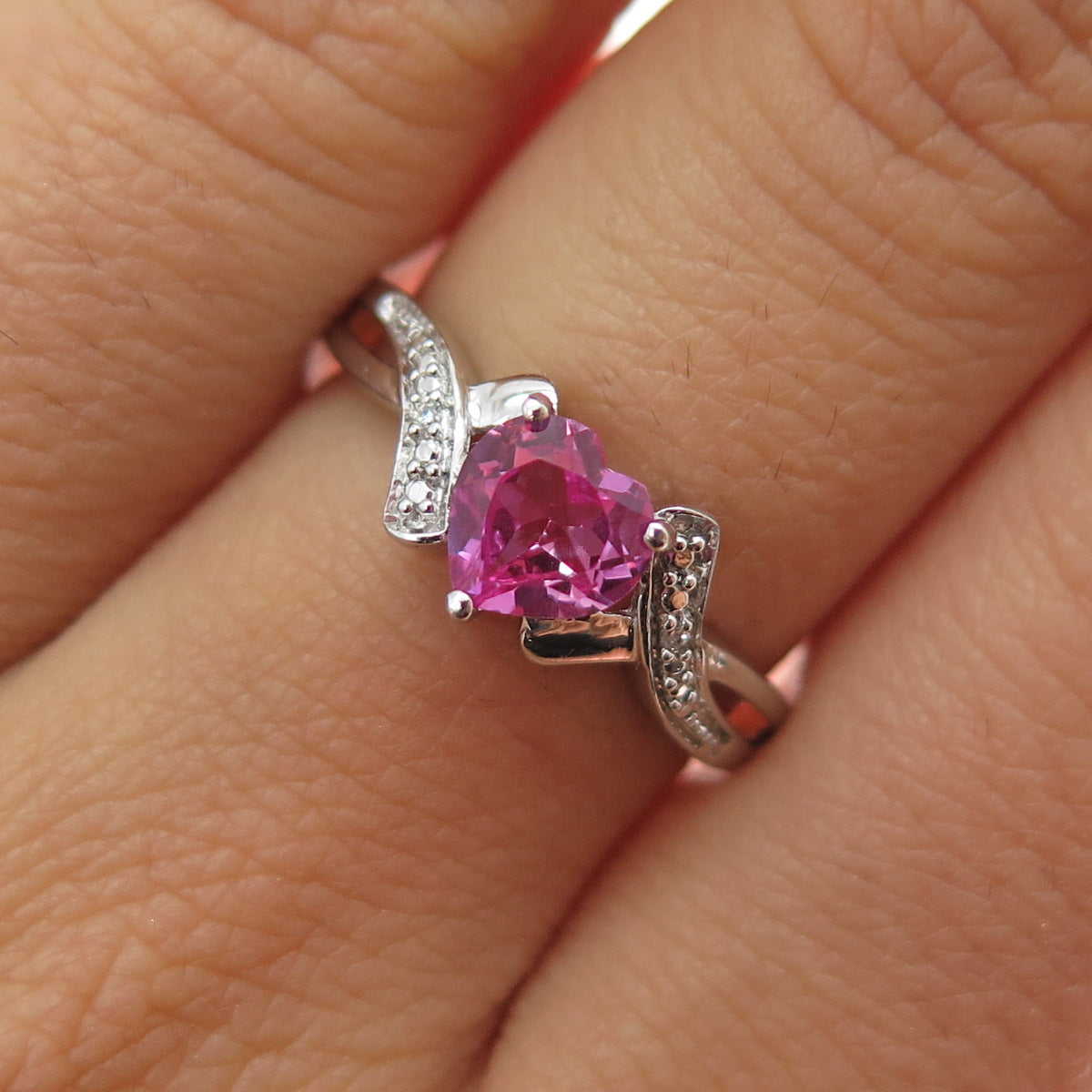 925 Sterling Silver Real Heart-Cut Pink Topaz & C Z Ring Size 7