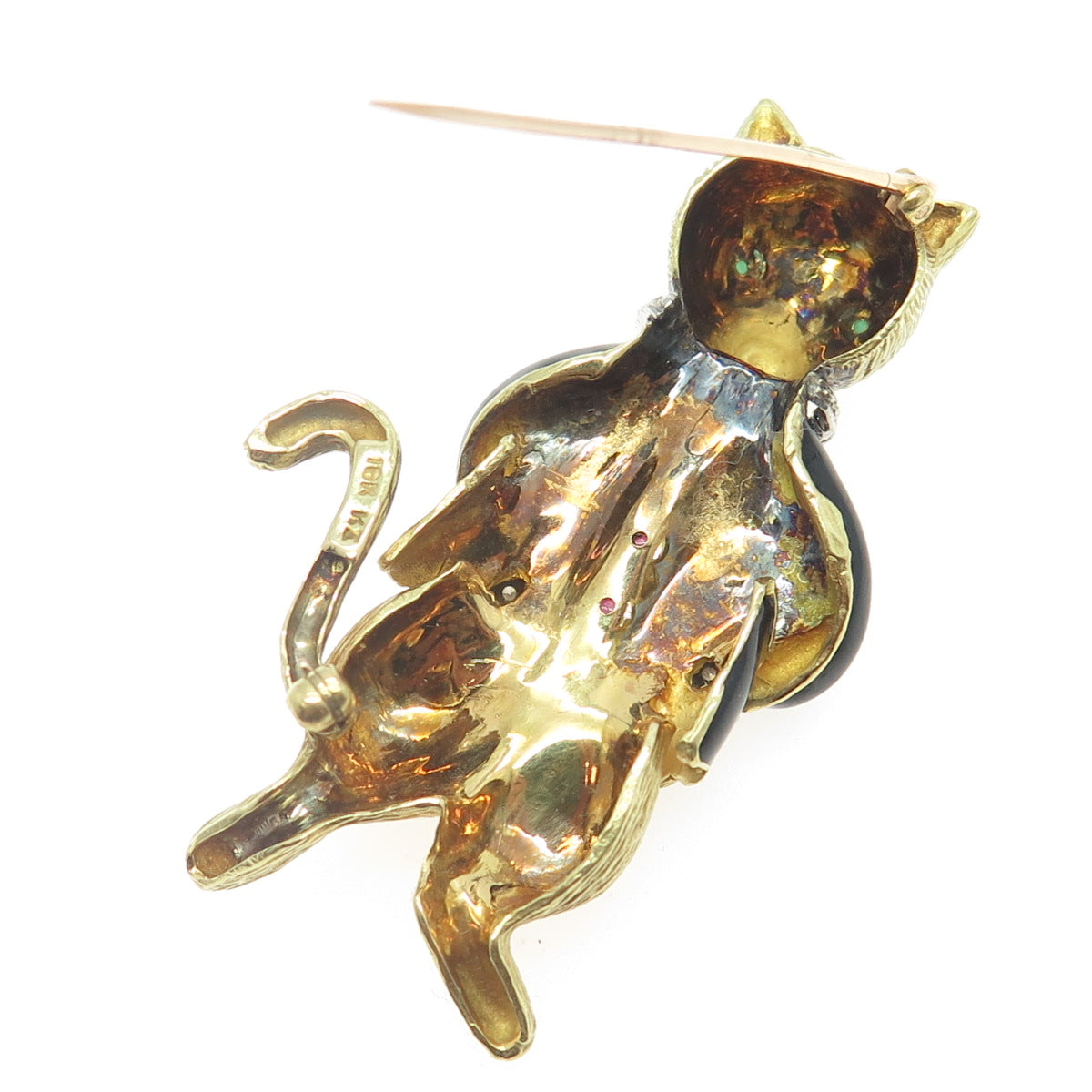 18K Yellow Gold Vintage Enamel Real 0.30ct Diamond Emerald & Ruby Cat Pin Brooch