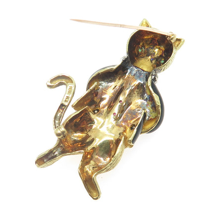 18K Yellow Gold Vintage Enamel Real 0.30ct Diamond Emerald & Ruby Cat Pin Brooch