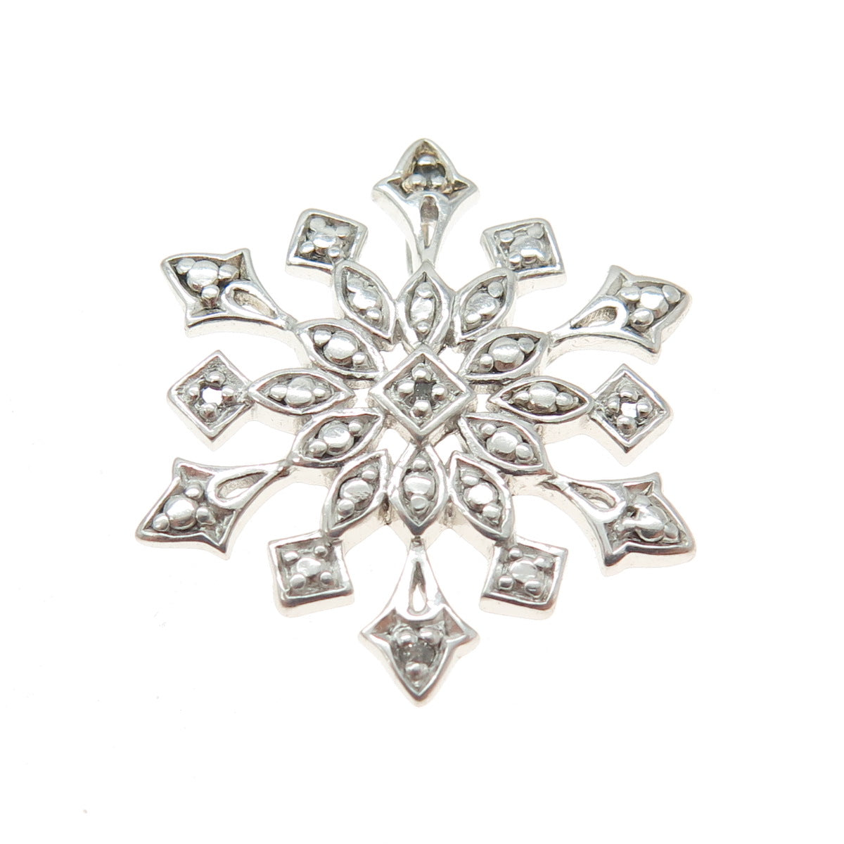 925 Sterling Silver Real Round-Cut Diamond Accent Snowflake Pendant