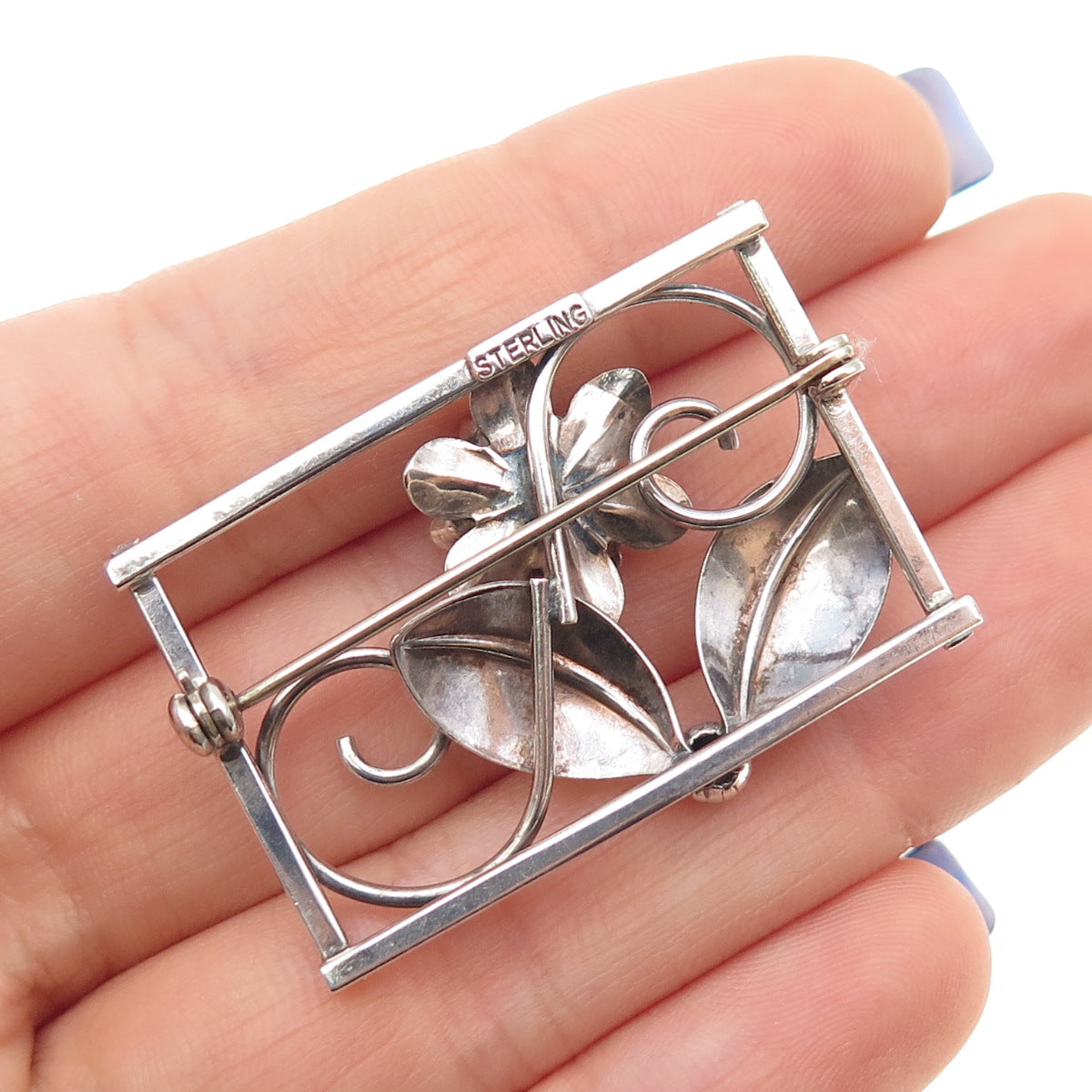 925 Sterling Silver Antique Art Deco Flower Oxidized Pin Brooch
