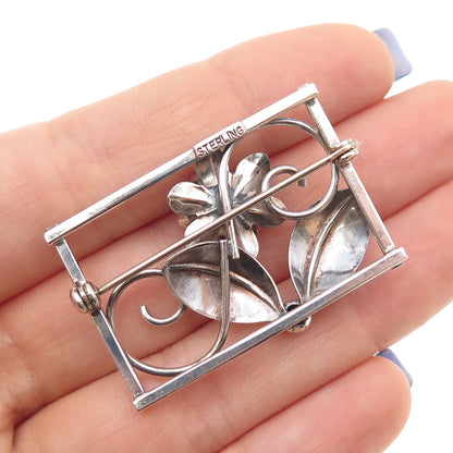 925 Sterling Silver Antique Art Deco Flower Oxidized Pin Brooch