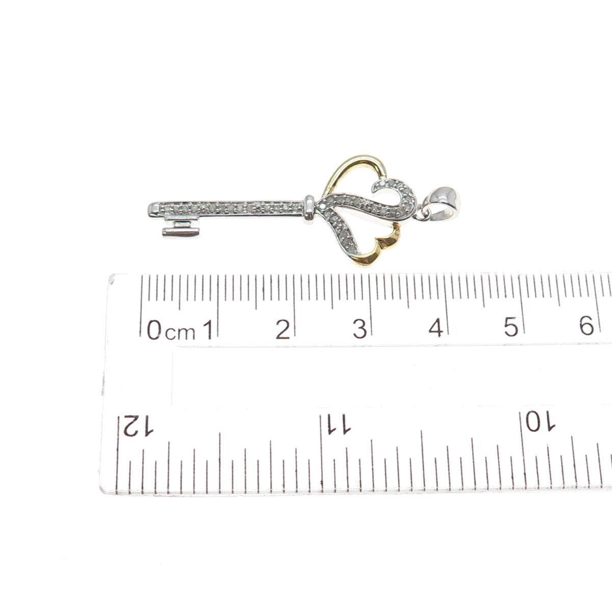 925 Sterling Silver 2-Tone Real Round-Cut Diamond Couple Heart Key Charm Pendant