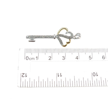 925 Sterling Silver 2-Tone Real Round-Cut Diamond Couple Heart Key Charm Pendant