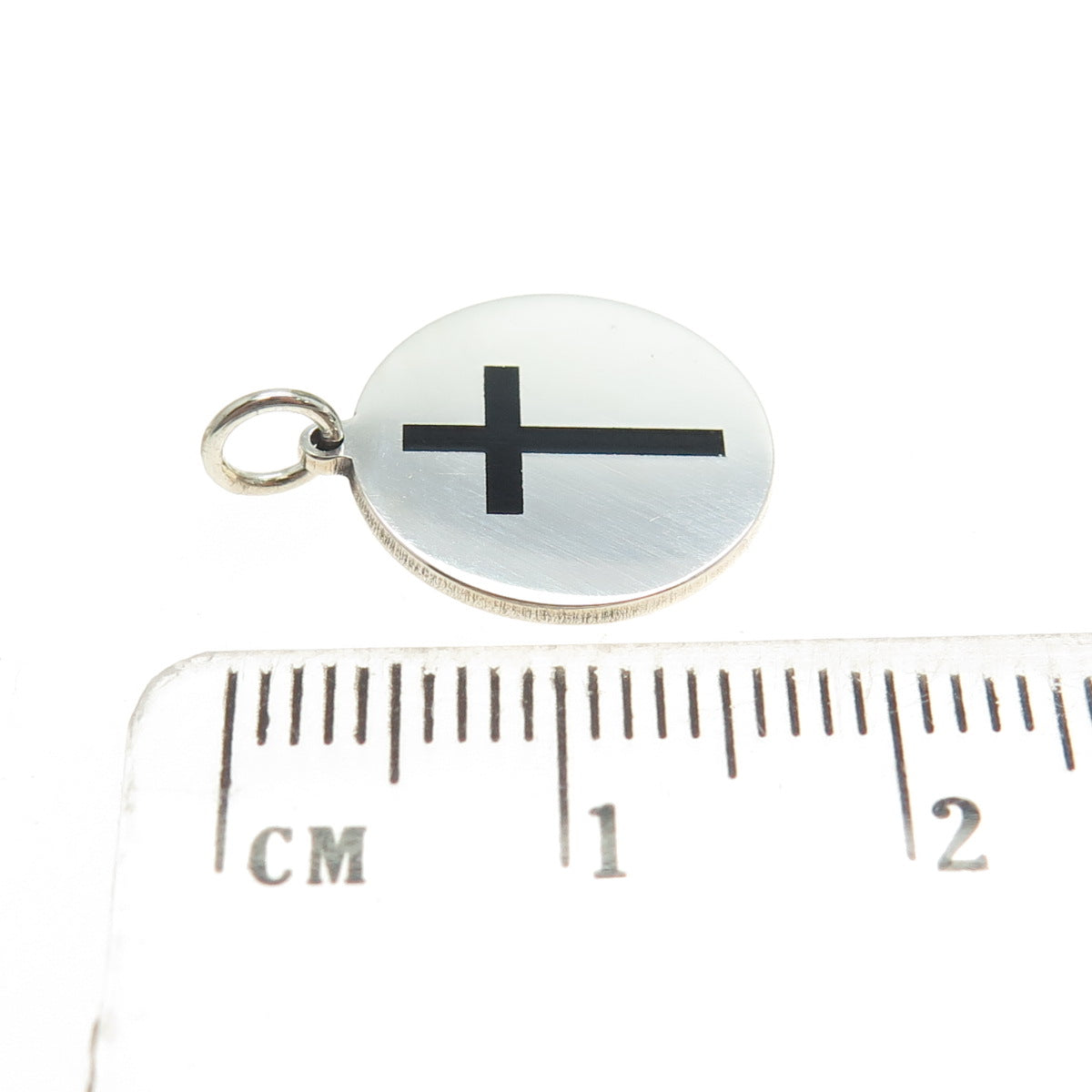 925 Sterling Silver Black Enamel Cross Round Tag Minimalist Charm Pendant