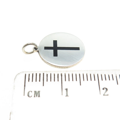 925 Sterling Silver Black Enamel Cross Round Tag Minimalist Charm Pendant