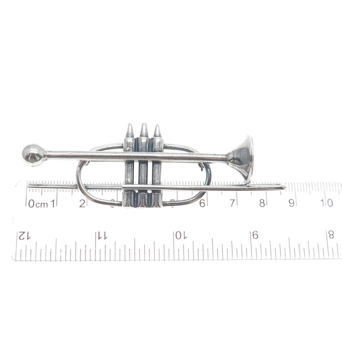 925 Sterling Silver Vintage Trombone Music Instrument Oxidized Pin Brooch