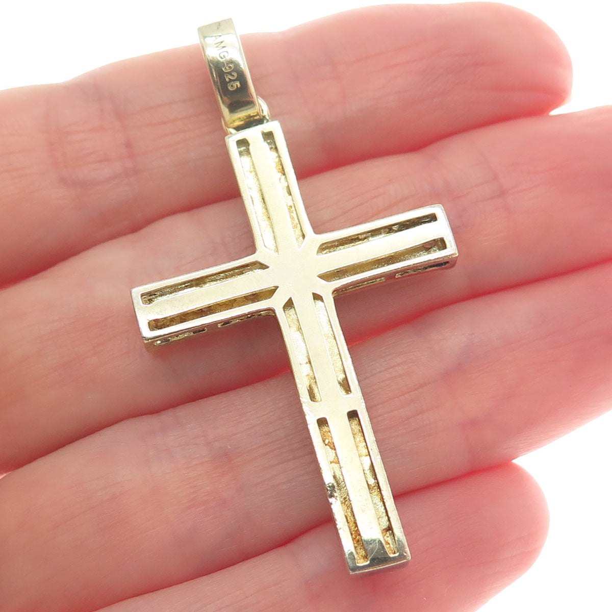 925 Sterling Silver Gold Plated Round-Cut Shaped C Z Cross Pendant