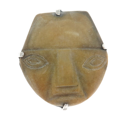 925 Sterling Silver Vintage Mexico Green Onyx Tecali Ceremonial Mask Pin Brooch