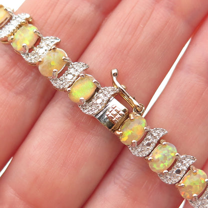 925 Sterling Silver Real Round-Cut Diamond & Cabochon Opal Bracelet 7"