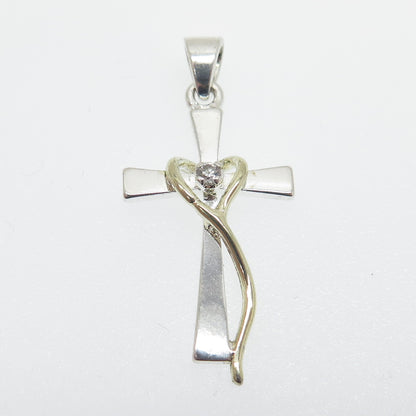 925 Sterling Silver 2-Tone Round-Cut C Z Heart Cross Pendant