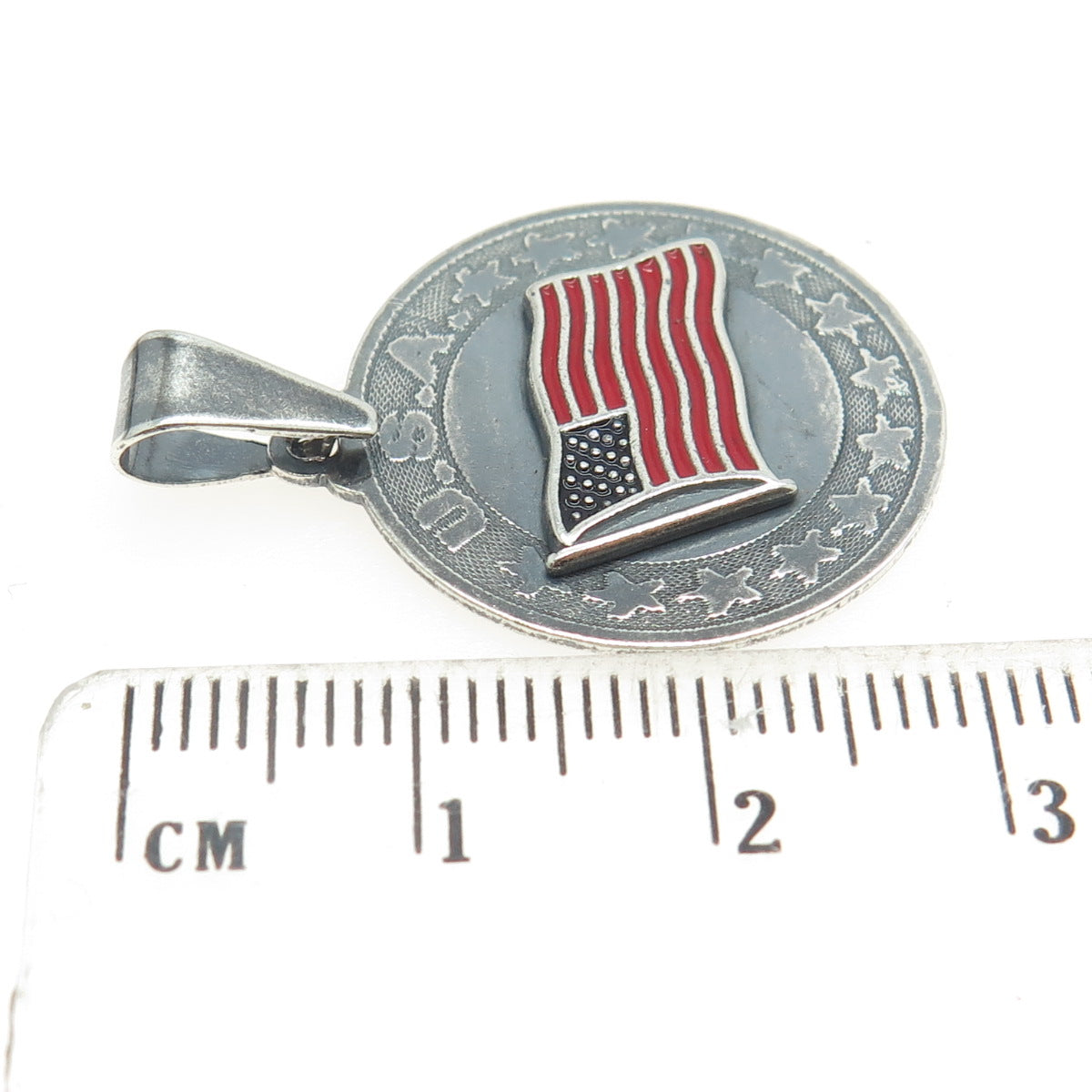 925 Sterling Silver Vintage Enamel USA Flag Oxidized Pendant