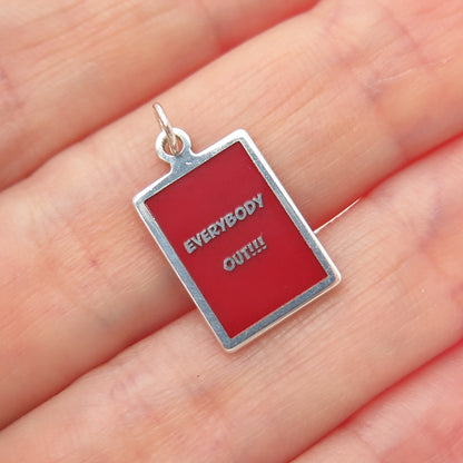 925 Sterling Silver Red Enamel Everybody Out!!! Minimalist Charm Pendant