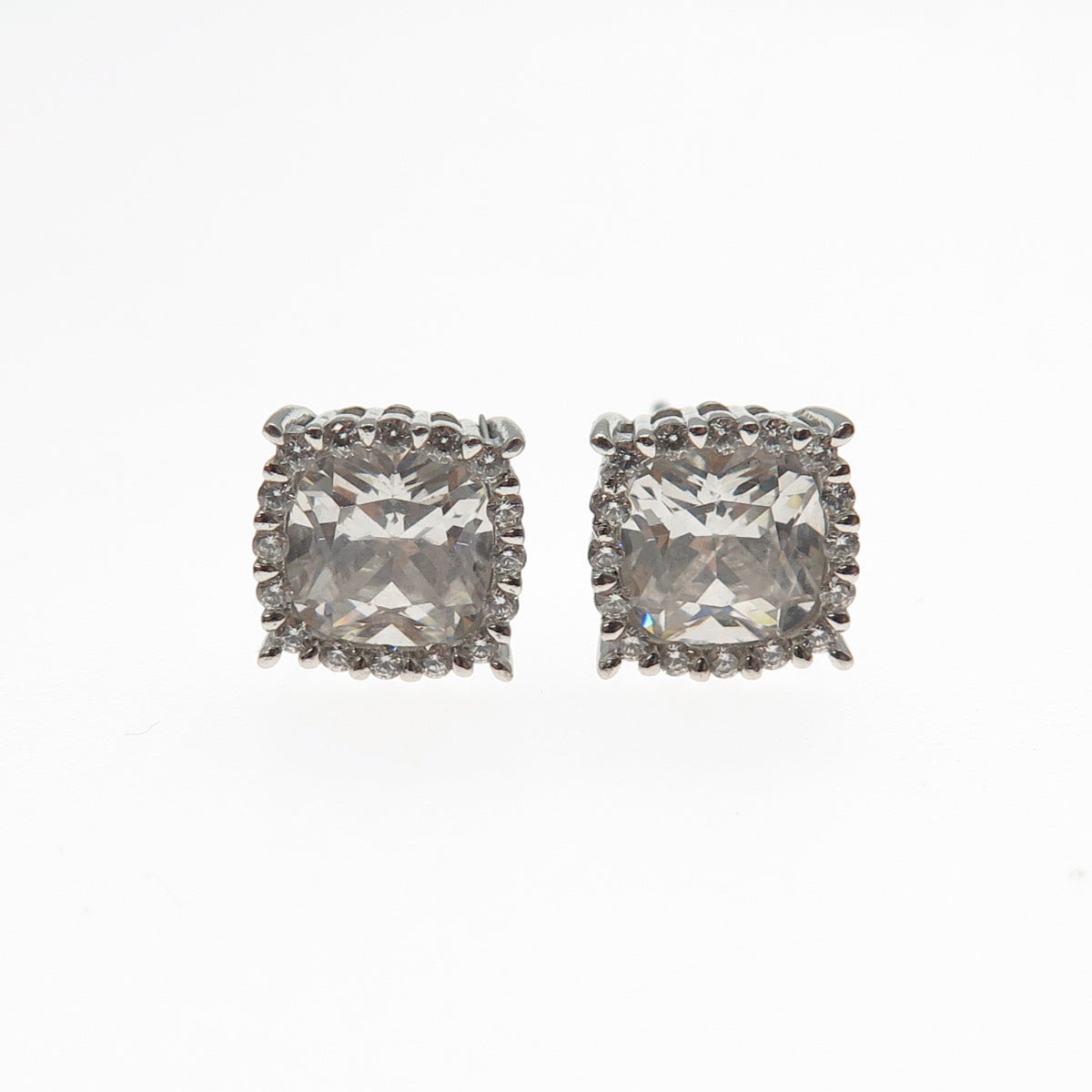 925 Sterling Silver Cushion & Round-Cut C Z Stud Earrings