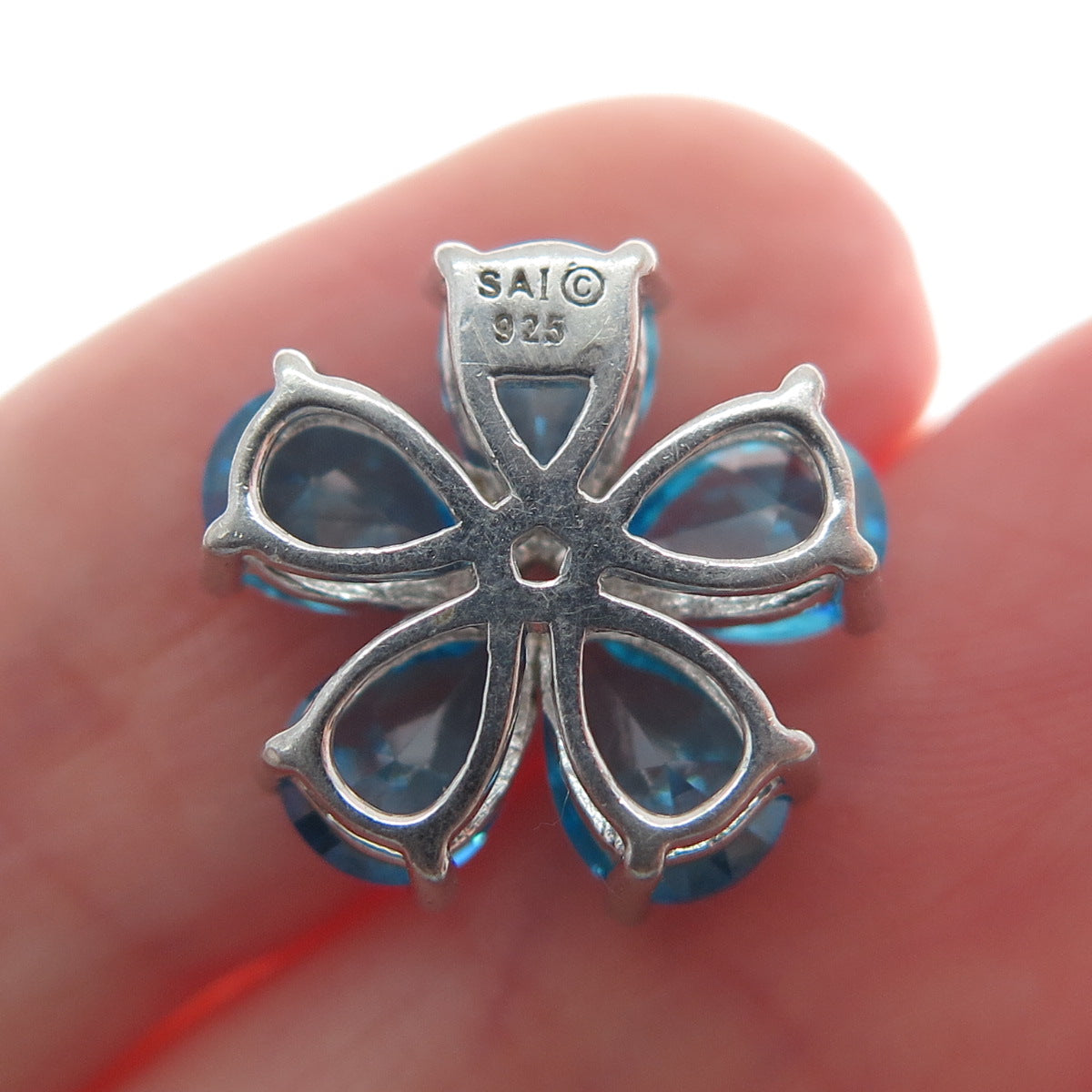 SAMUEL AARON 925 Sterling Silver White & Blue C Z Flower Slide Pendant