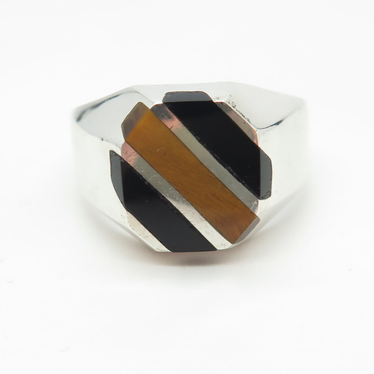 925 Sterling Silver Vintage Real Tiger Eye & Black Onyx Signet Ring Size 12.5